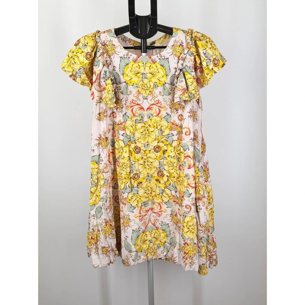 Free People Yellow Floral Ruffle Flutter Sleeve Mini Dress Small